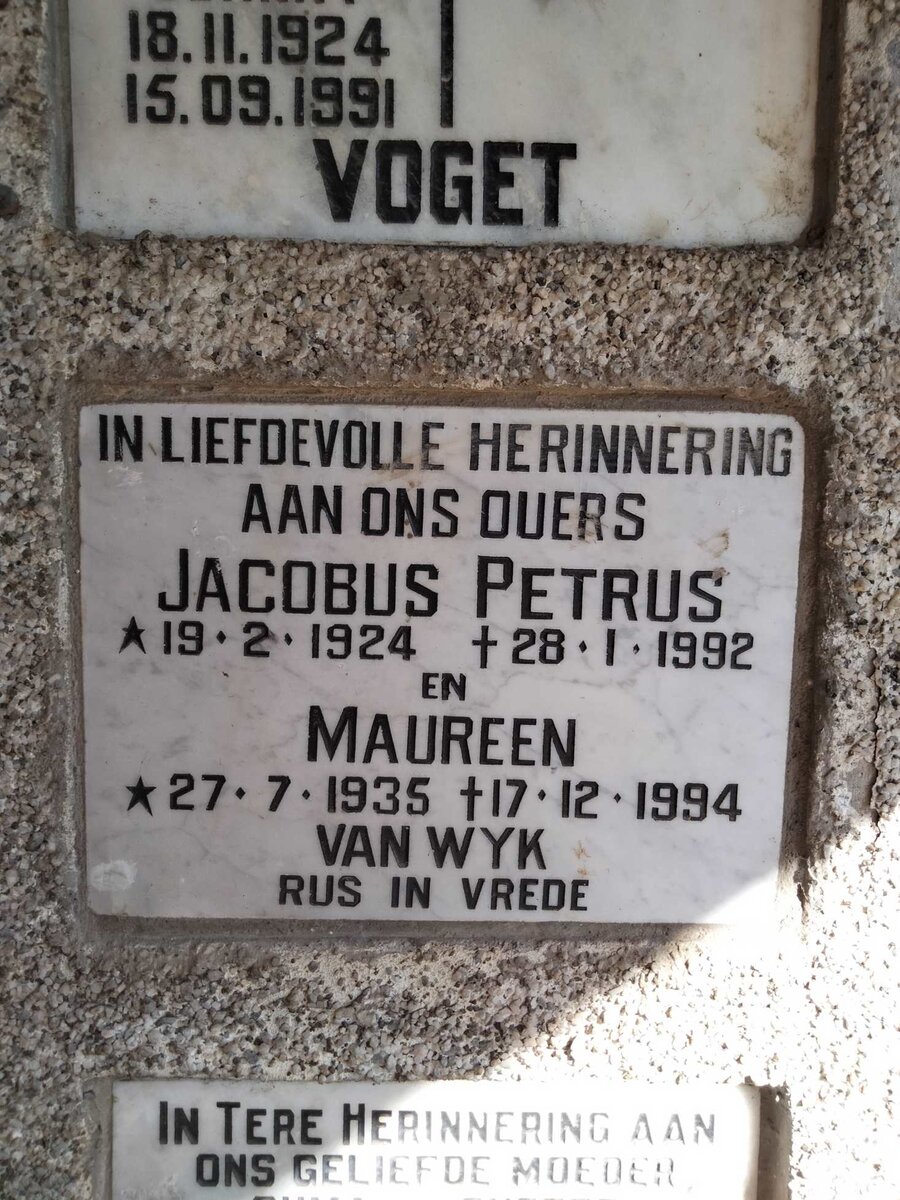WYK Jacobus Petrus, van 1924-1992 & Maureen 1935-1994