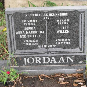 JORDAAN Pieter Willem 1928-2004 &amp; Sophia Anna Magrietha BRITTON 1928-2007