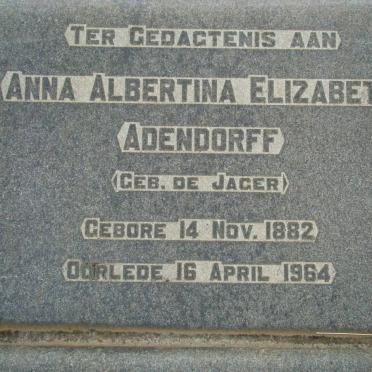 ADENDORFF Anna Albertina Elizabeth nee DE JAGER 1882-1964