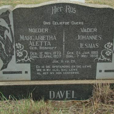 DAVEL Johannes Jesaias 1869-1958 &amp; Margarietha Aletta BOSHOFF 1873-1937