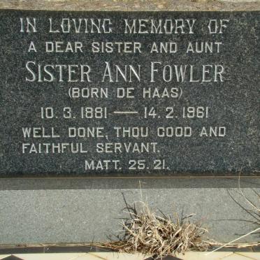FOWLER Ann nee DE HAAS 1881-1961