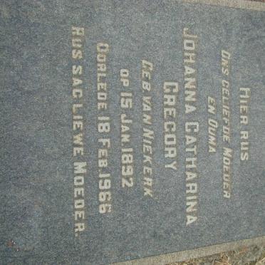 GREGORY Johanna Catharina nee VAN NIEKERK 1892-1966