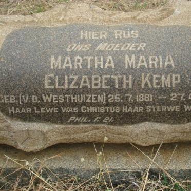 KEMP Martha Maria Elizabeth nee VAN DER WESTHUIZEN 1881-1961
