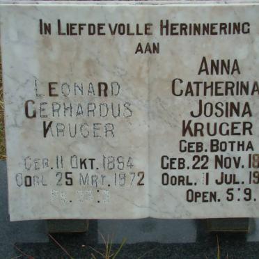 KRUGER Leonard Gerhardus 1894-1972 &amp; Anna Catherina Josina BOTHA 1896-1957