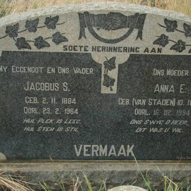 VERMAAK Jacobus S. 1884-1964 &amp; Anna E. VAN STADEN 1908-1994