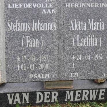 MERWE Stefanus Johannes, van der 1957-2000 &amp; Aletta Maria 1962
