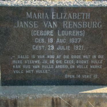 RENSBURG Maria Elizabeth, Janse van nee LOURENS 1837-1921