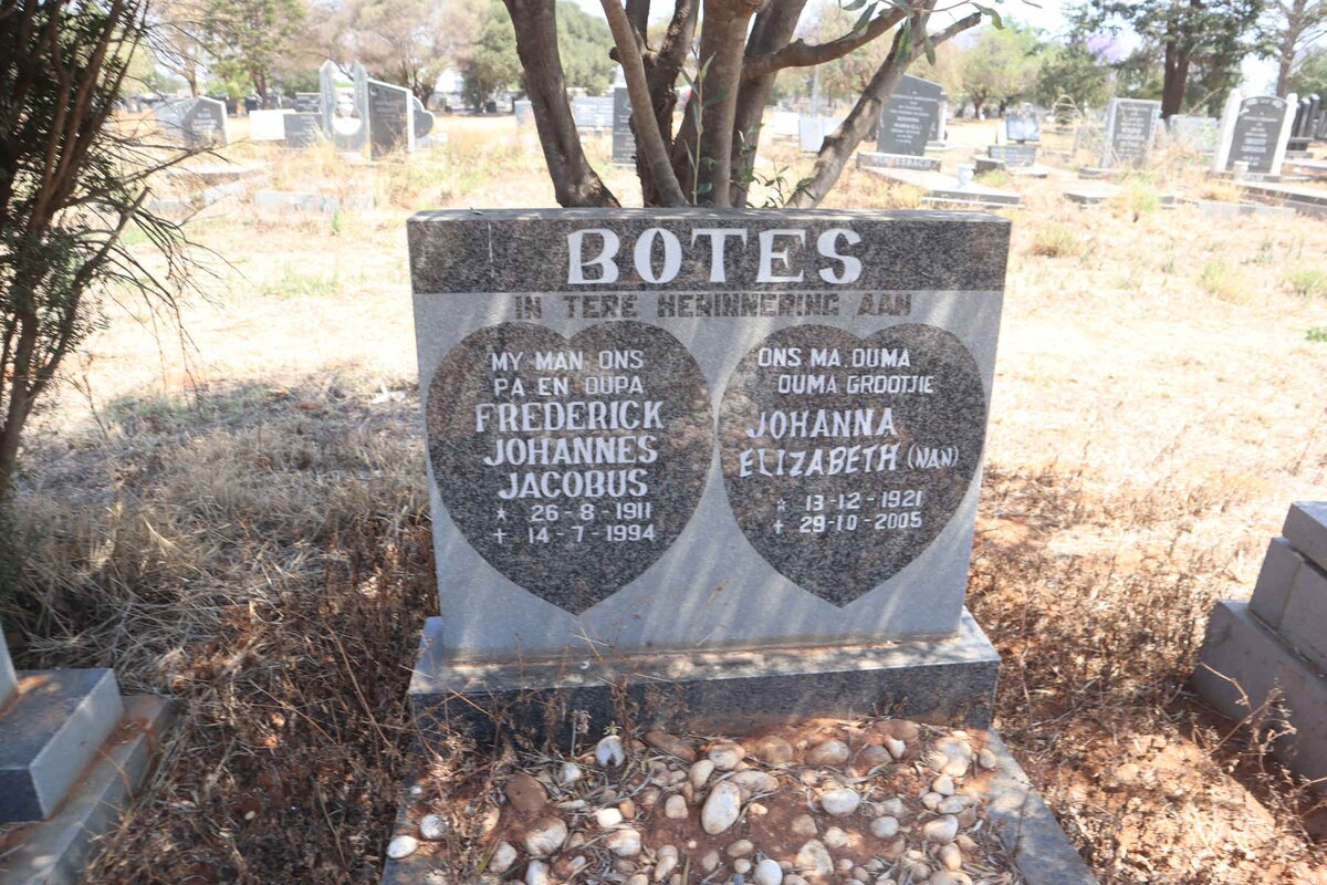 BOTES Frederick Johannes Jacobus 1911-1994 & Johanna Elizabeth 1921-2005 