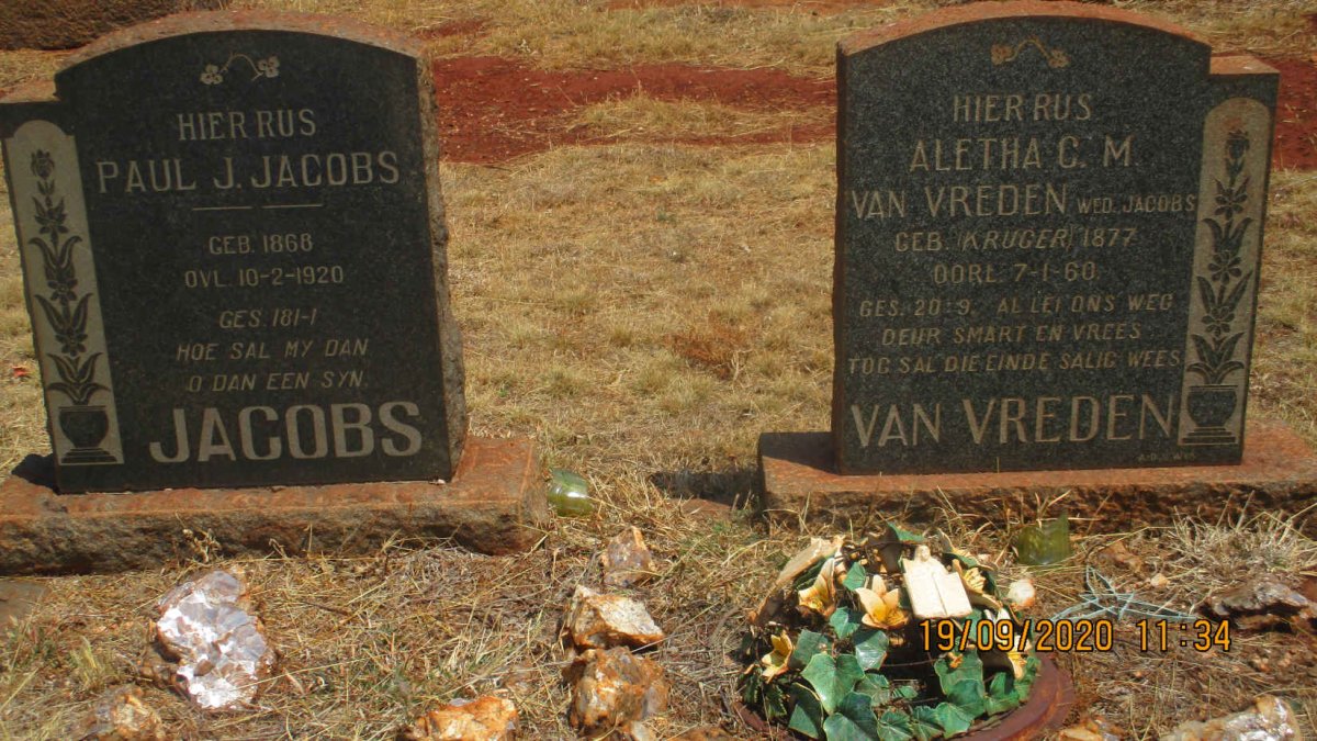 JACOBS Paul J. 1868-1920 & Aletha C.M. VAN VREDEN voorheen JACOBS nee KRUGER 1877-1960