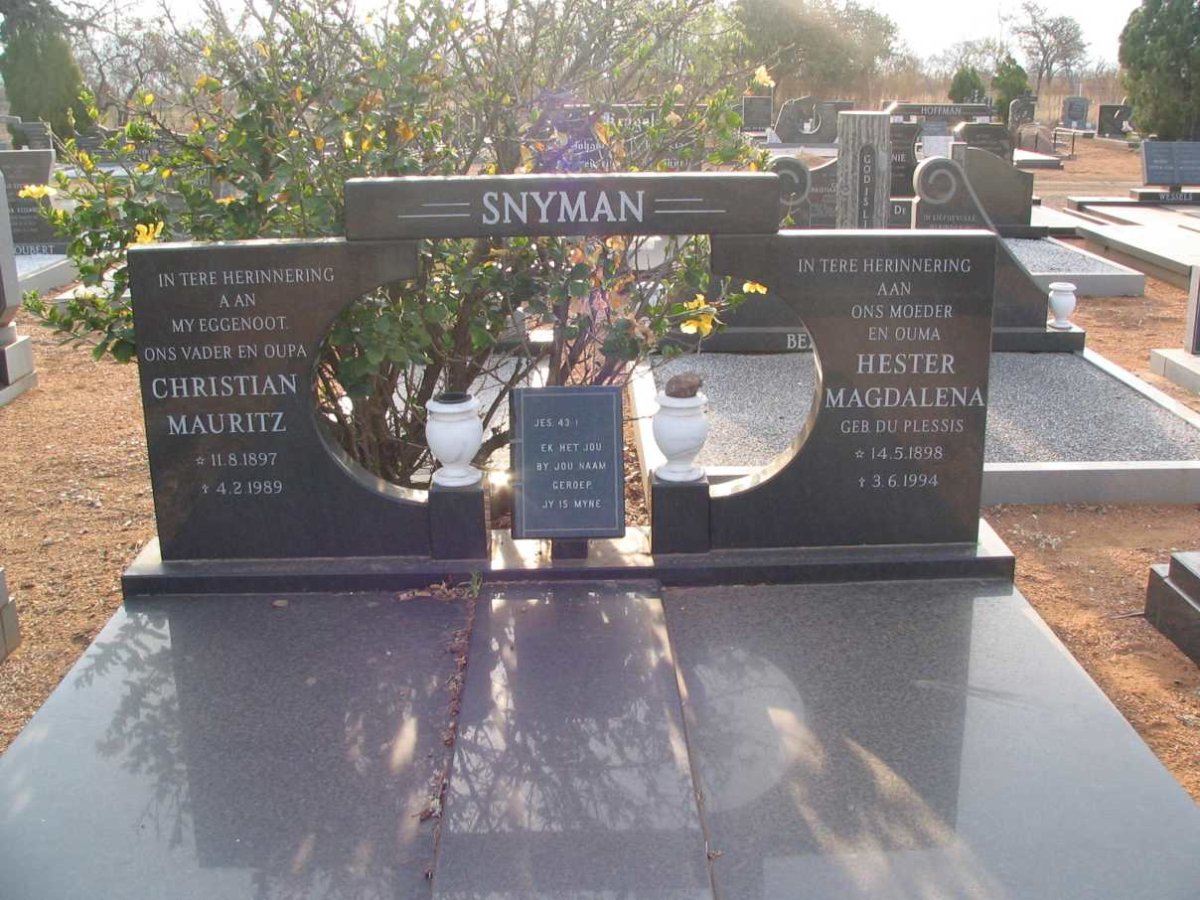 SNYMAN Christian Mauritz 1897-1989 & Hester Magdalena DU PESSIS 1898-1994