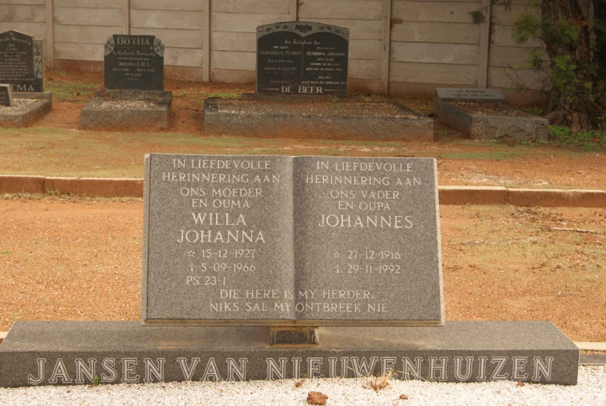 NIEUWENHUIZEN Johannes, Jansen van 1916-1992 & Willa Johanna 1927-1966