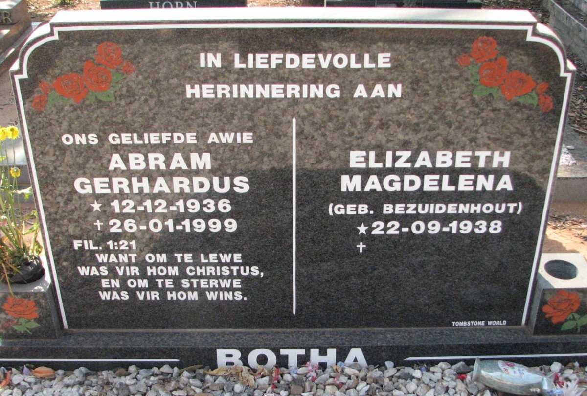 BOTHA Abram Gerhardus 1936-1999 &amp; Elizabeth Magdalena BEZUIDENHOUT 1938-