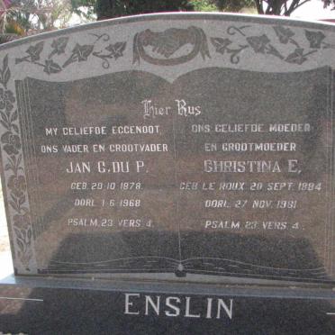 ENSLIN Jan G. Du P. 1878-1968 &amp; Christina E. LE ROUX 1884-1981