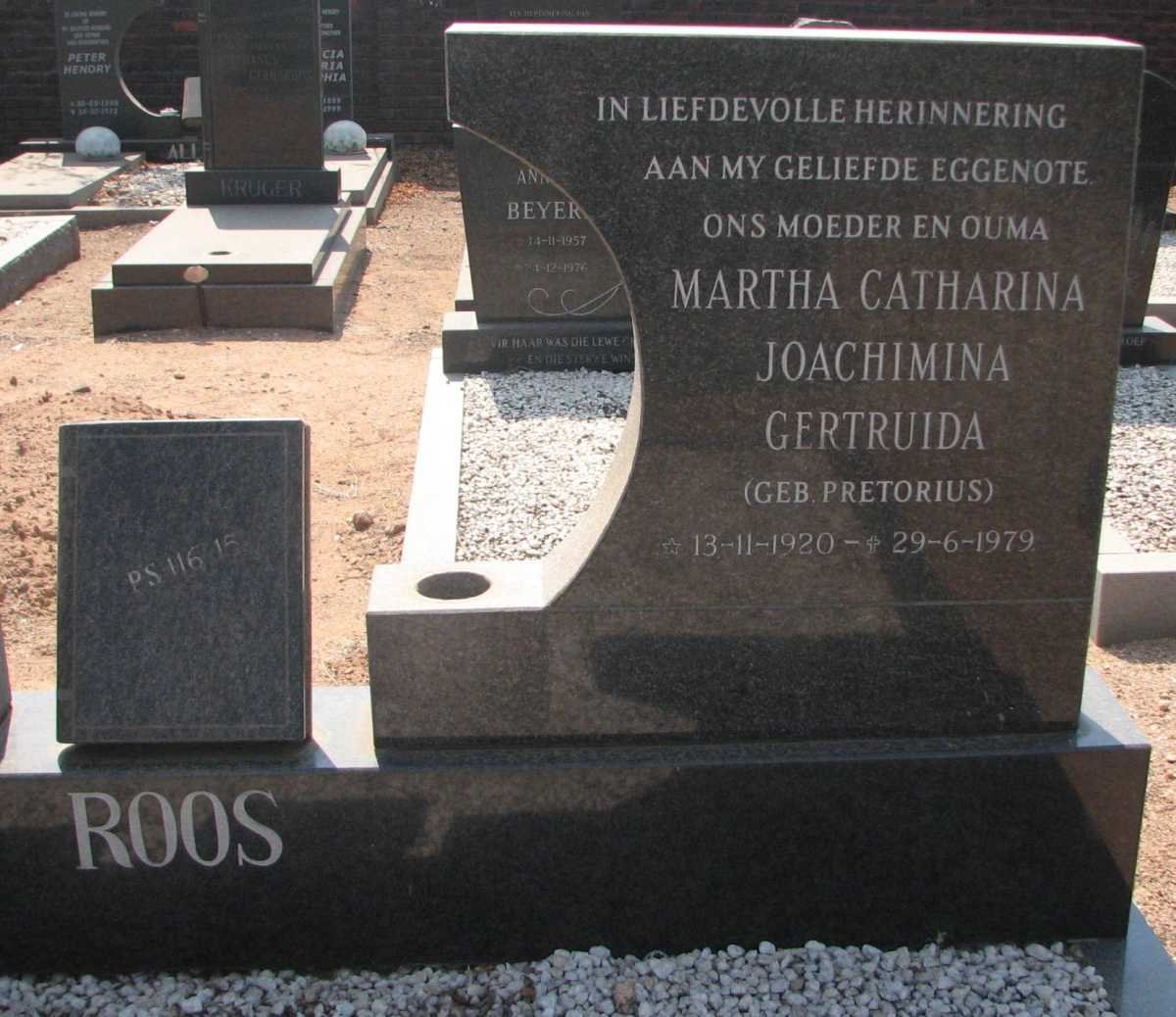 ROOS Martha Catharina Joachimina Gertruida nee PRETORIUS 1920-1979