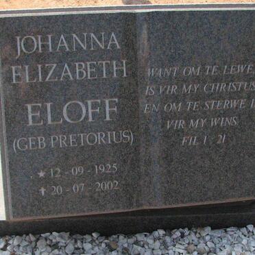 ELOFF Johanna Elizabeth nee PRETORIUS 1925-2002