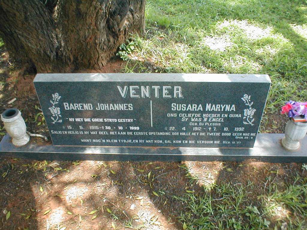 VENTER Barend Johannes 1915-1999 & Susara Maryna DU PLESSIS 1912-1992