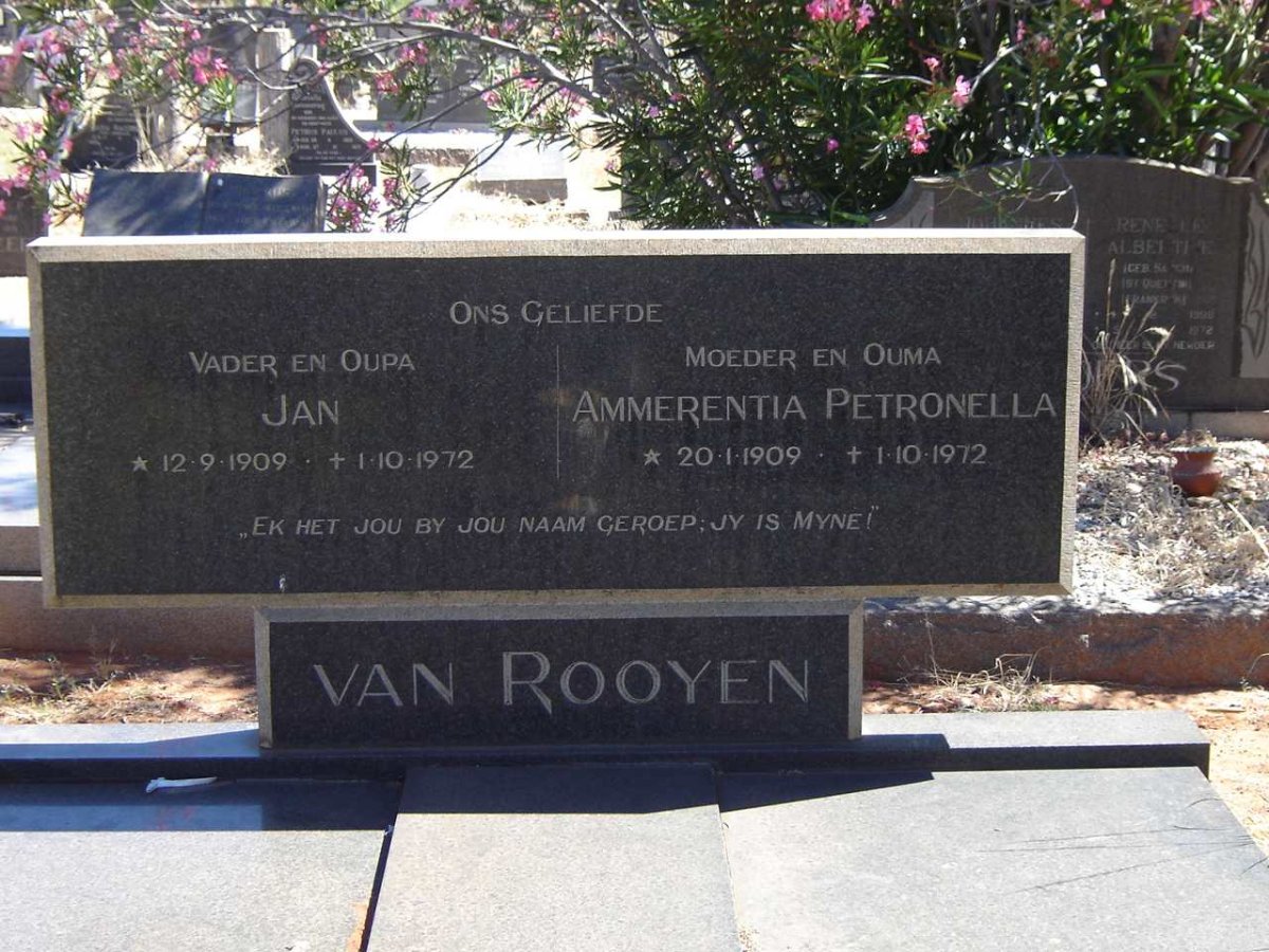 ROOYEN Jan, van 1909-1972 & Ammerentia Petronella 1909-1972