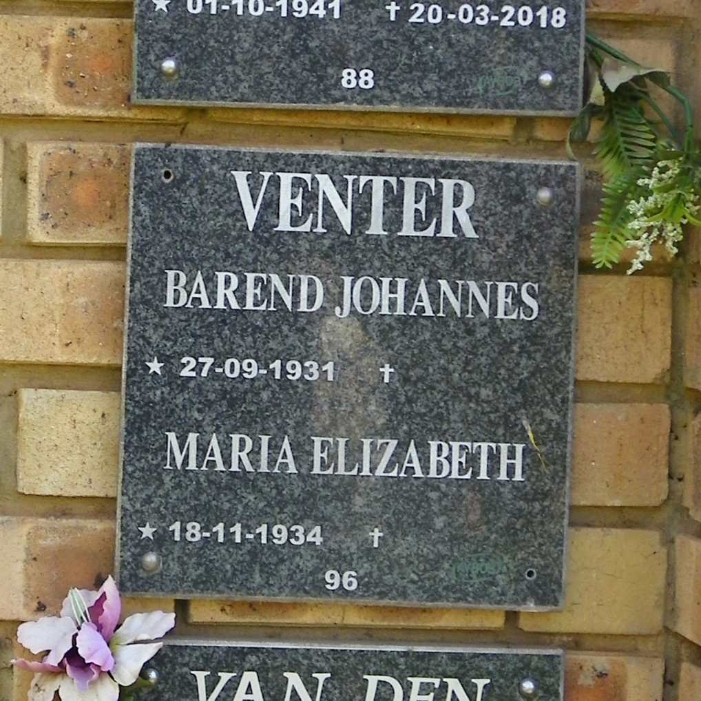 VENTER Barend Johannes 1931- & Maria Elizabeth 1934-