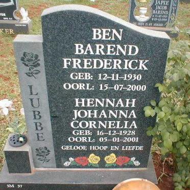 LUBBE Ben Barend Frederick 1930-2000 &amp; Hannah Johanna Cornelia 1928-2001