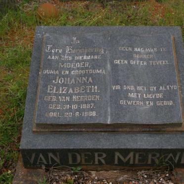 MERWE Johanna Elizabeth, van der nee VAN HEERDEN 1887-1966
