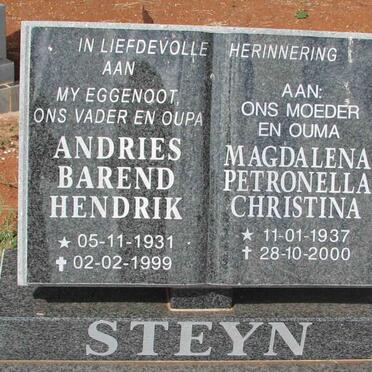 STEYN Andries Barend Hendrik 1931-1999 &amp; Magdalena Petronella Christina 1937-2000