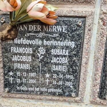 MERWE Francois Jacobus, van der 1907-2004 & Susara Jacoba 1910-2001
