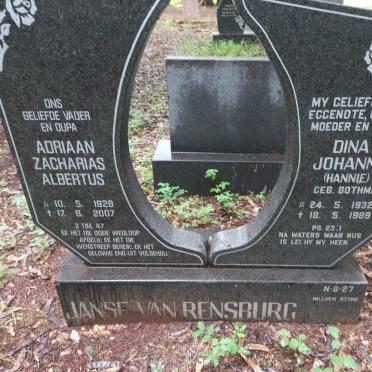 RENSBURG Adriaan Zacharias Albertus, Janse van 1928-2007 & Dina Johanna BOTHMA 1932-1989
