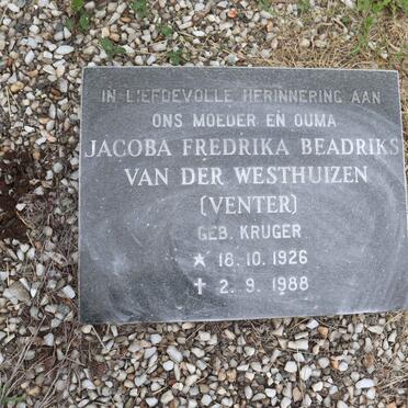 WESTHUIZEN Jacoba Fredrika Beadriks, van der voorheen VENTER nee KRUGER 1926-1988