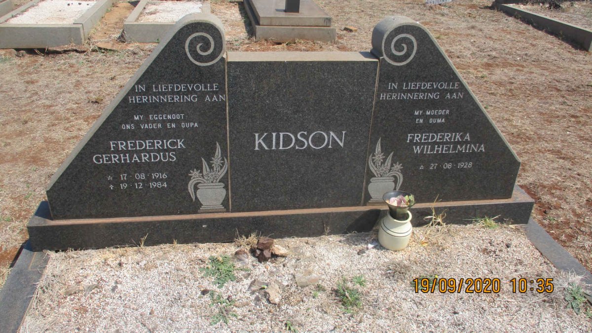 KIDSON Frederick Gerhardus 1916-1984 & Frederika Wilhelmina 1928-