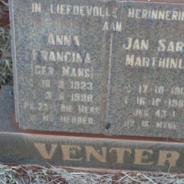 VENTER Jan Sarel Marthinus 1919-1985 &amp; Anna Francina MANS 1923-1990