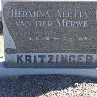 KRITZINGER Hermina Aletta nee VAN DER MERWE 1910-1988