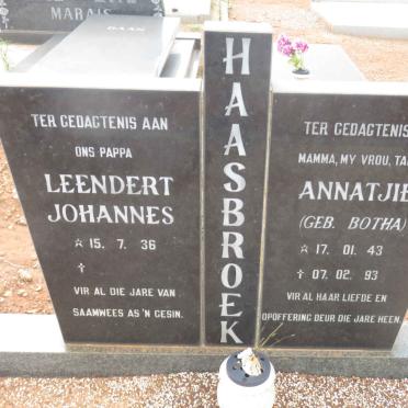 HAASBROEK Leendert Johannes 1936- &amp; Annatjie BOTHA 1943-1993