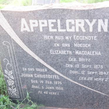 APPELGRYN Johan Christoffel 1875-1958 &amp; Elizabeth Magdalena BRITZ 1875-1947