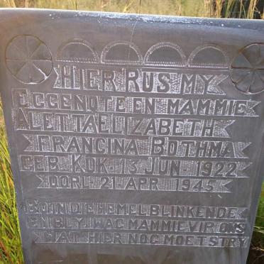 BOTHMA Aletta Elizabeth Francina nee KOK 1922-1945