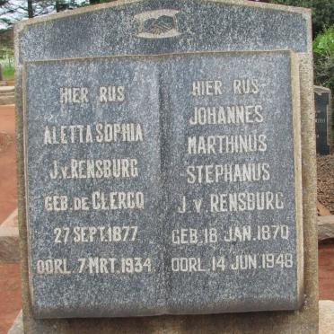 RENSBURG Johannes Marthinus Stephanus, J. van 1870-1948 &amp; Aletta Sophia DE CLERCQ 1877-1934