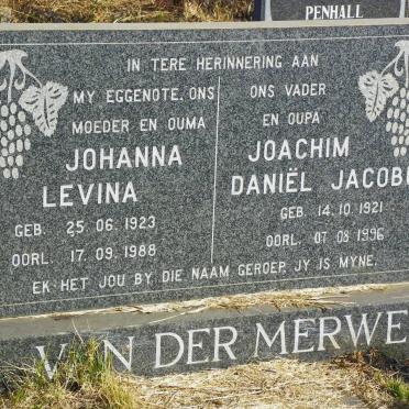 MERWE Joachim Daniel Jacobus, van der 1921-1996 &amp; Johanna Levina 1923-1988
