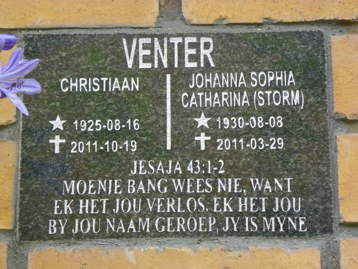 VENTER Christiaan 1925-2011 & Johanna Sophia Catharina STORM 1930-2011