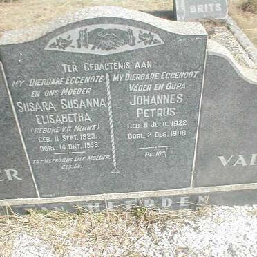 HEERDEN Johannes Petrus, van 1922-1988 &amp; Susara Susanna Elisabetha V.D.MERWE 1923-1958