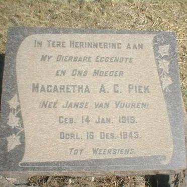 PIEK Magaretha A C nee JANSE VAN VUUREN 1915-1943