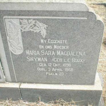 SNYMAN Maria Sara Magdalena nee LE ROUX 1898-1958