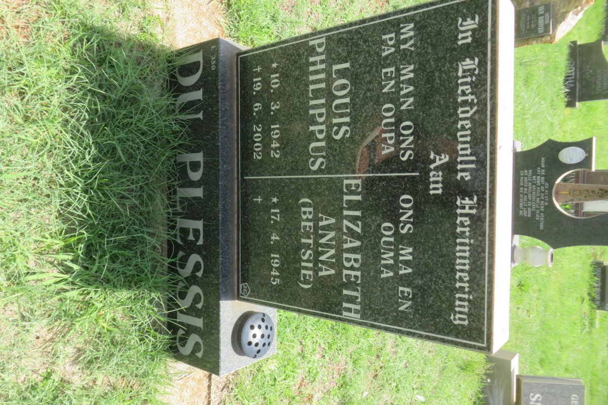 PLESSIS Louis Philippus, du 1942-2002 & Elizabeth Anna 1945-