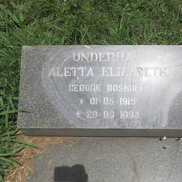 UNDERHAY Aletta Elizabeth nee BOSHOFF 1915-1994