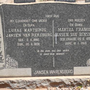 RENSBURG Lukas Marthinus, Jansen van 1880-1958 &amp; Martha Francina CRAUSE 1884-1965