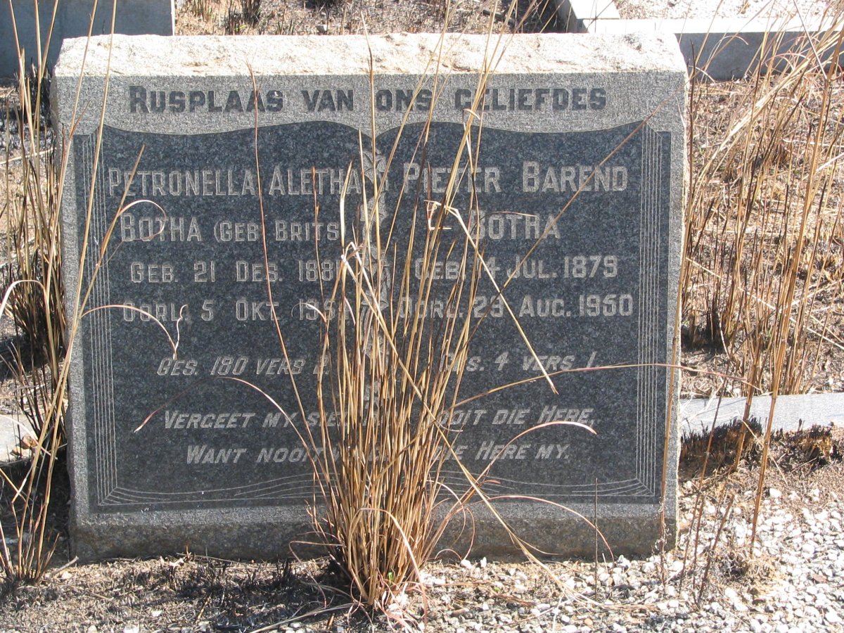 BOTHA Pieter Barend 1879-1950 & Petronella Aletha BRITS 1881-1954