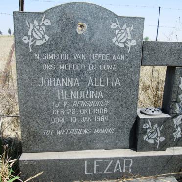 LEZAR Johanna Aletta Hendrina nee J.V. RENSBURG 1908-1984