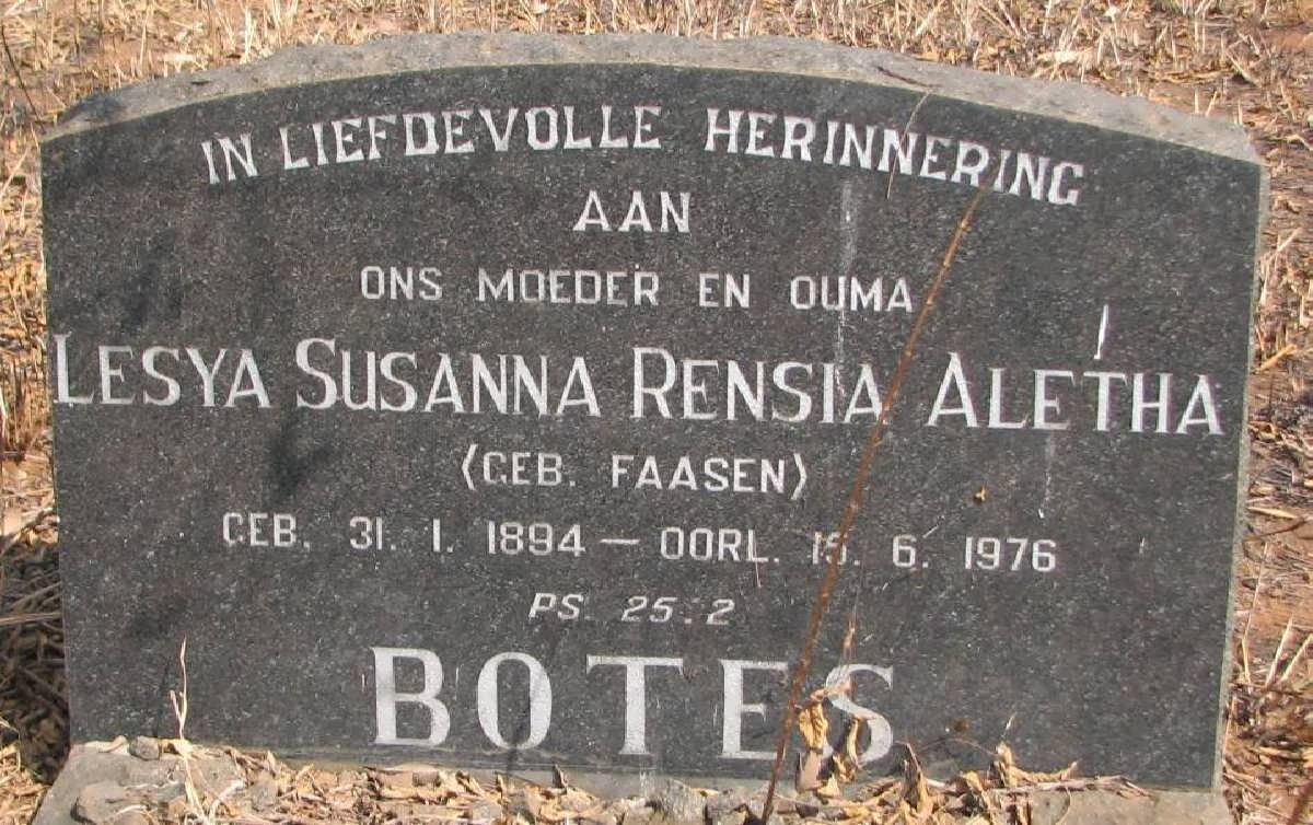 BOTES Lesya Susanna Rensia Aletha nee FAASEN 1894-1976