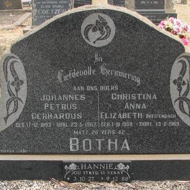 BOTHA Johannes Petrus Gerhardus 1893-1967 & Christina Anna Elizabeth BREITENBACH 1900-1969 :: BOTHA Hannie 1927-1988