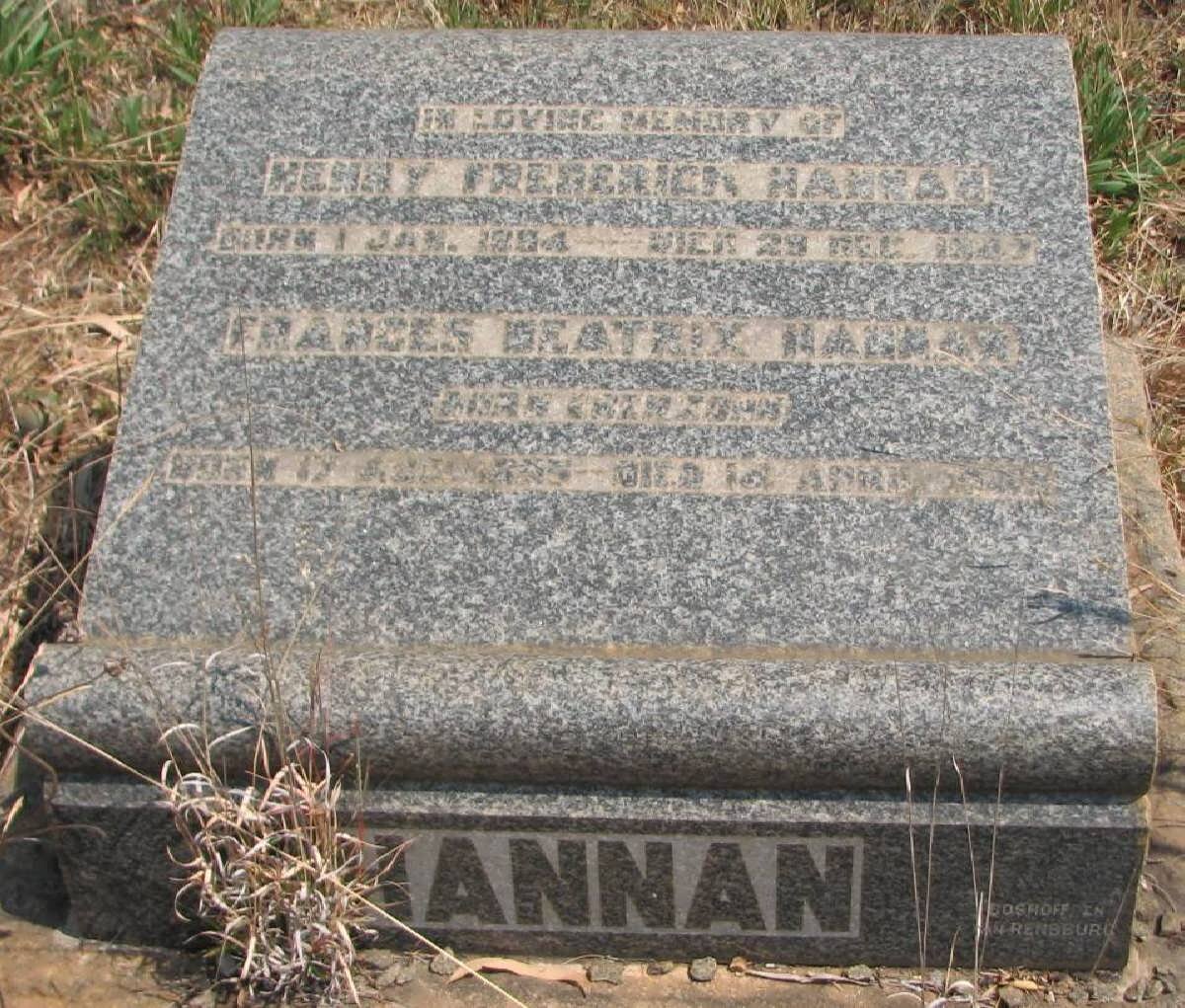 HANNAN Henry Frederick 1894-1947 &amp; Frances Beatrix IMARZOHN ?