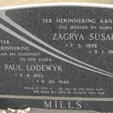MILLS Paul Lodewyk 1892-1949 &amp; Zagrya Susarah 1898-1986