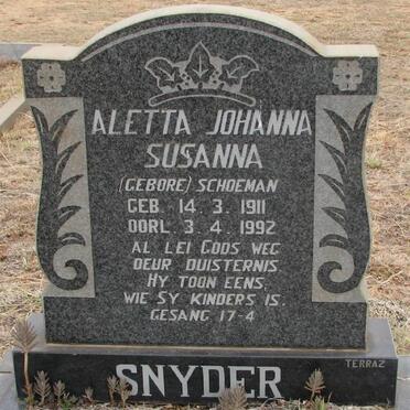 SNYDER Aletta Johanna Susanna nee SCHOEMAN 1911-1992